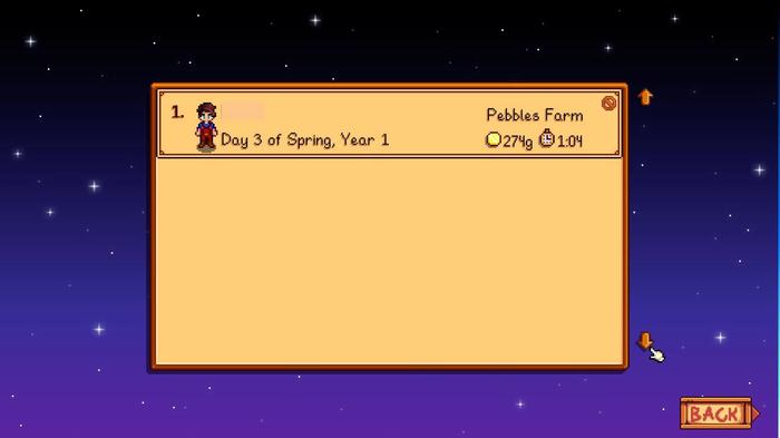 Stardew Valley load game screen. The screen shows that there is currently one save game that is for a farm called "Pebbles Farm". The background is dark with stars on it. The save game file also shows that the game has been played for little over an hour. 