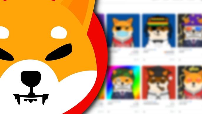Shiba Inu Coin logo in front of blurred image of Shiboshi NFT OpenSea page