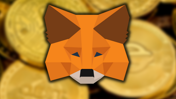 MetaMask logo with blurred cryptocurrency tokens in background.