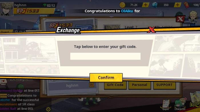 Code redemption box in One Punch Man