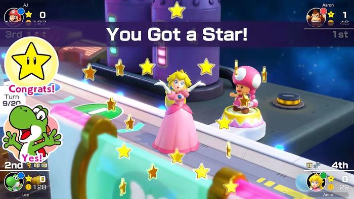 Mario Party Superstars screenshot - Princess Peach earning a star from Toadette in Space Land