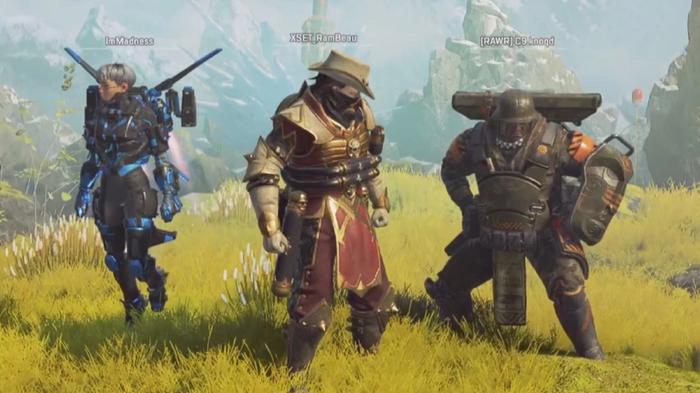 Caustic, Valkyrie, and Gibraltar on the Apex Legends winners' screen.
