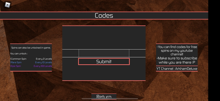 A screenshot of the Heroes Online codes screen. It shows a text box and a Submit button.