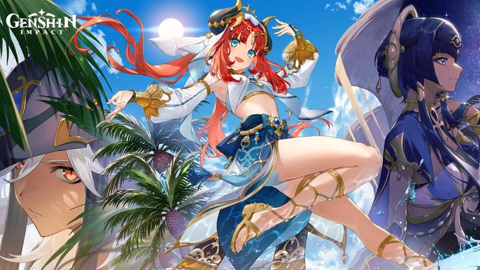 Genshin Impact's new Sumeru characters in a summery background