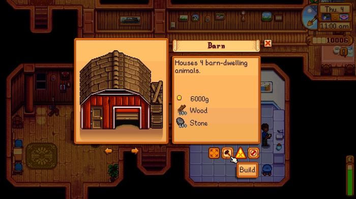 Stardew Valley. The Carpenter's menu shows all of the materials needed for the Barn and how the barn will look once built. The barn image to the left shows that the building will be red with a brown roof and door. The materials show that 600G, 350 wood and 150 stone are needed.