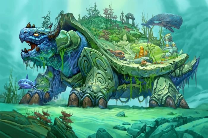 Colaque, a giant turtle with an ecosystem on its back, from Hearthstone's Voyage to the Sunken City expansion.