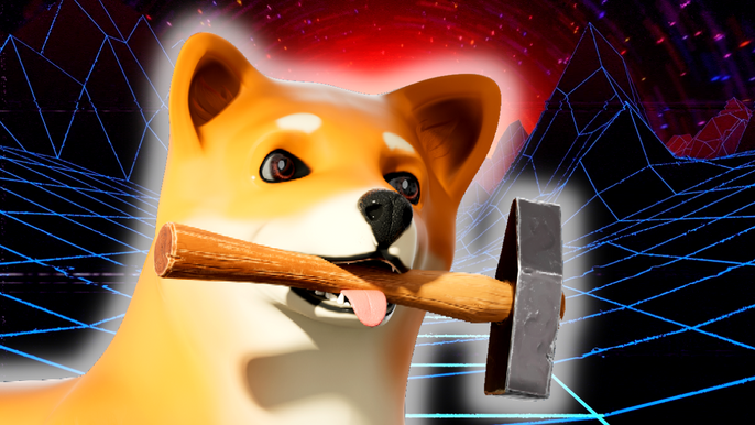 Shiba Inu Metaverse dog with hammer in its mouth, in a retro mountain range.