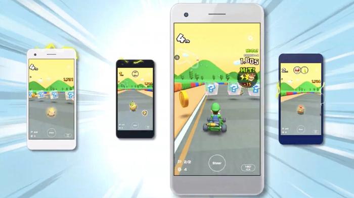 Screenshot from Mario Kart Tour, with four different Mario races taking place