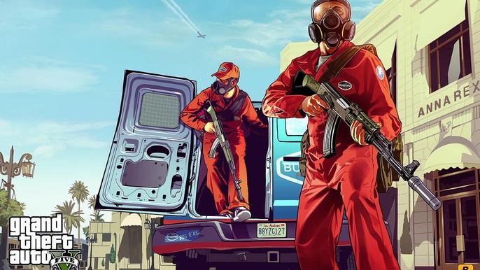 Two characters conducting a heist in Grand Theft Auto.