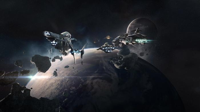 Image of a fleet of spaceships in Eve Online.