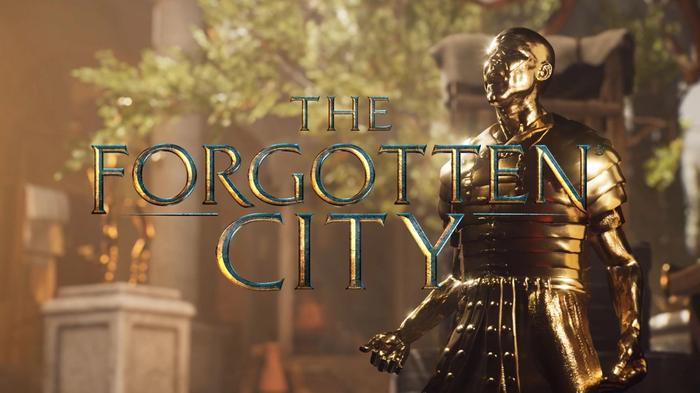 The Forgotten City title screen release trailer. The Forgotten City title is in the center of the screen and there is a golden gladiator on the right