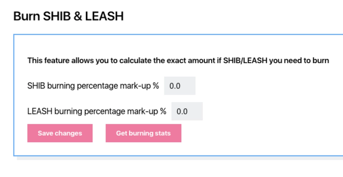 Image showing the words Burn SHIB & LEASH, above a box that lets NOWPayments merchants choose what percentage of both SHIB and LEASH they want to burn.