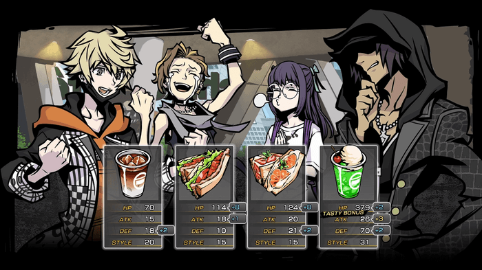 Screenshot from Neo: The World Ends With You showing the player party eating food for stat boosts.