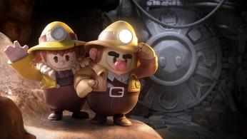 Image of two Fall Guys characters in Spelunky outfits.