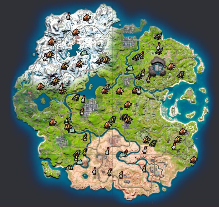 Map containing all Fortnite wildlife locations in Season 7.