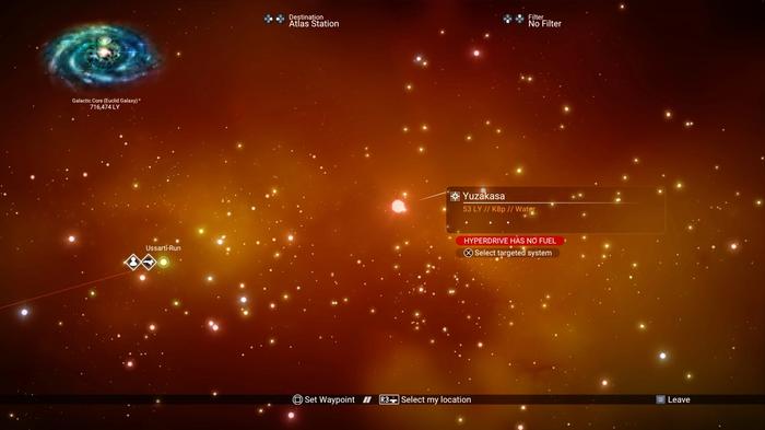 The galaxy Map in No Man's Sky showing a red star system