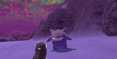 A player faces their own Gengar in Alabaster Icelands in Pokemon Legends: Arceus.
