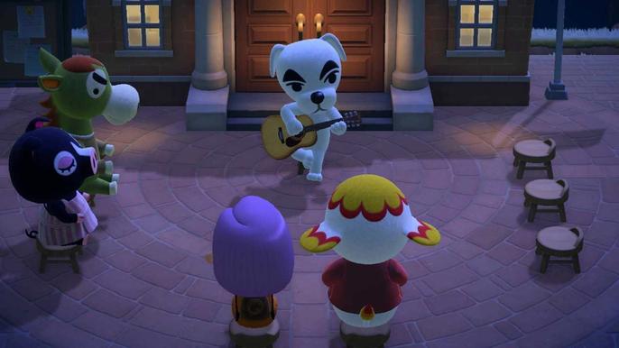 A player and villagers attending a KK Slider concert on the Town Hall's Plaza in Animal Crossing: New Horizons.