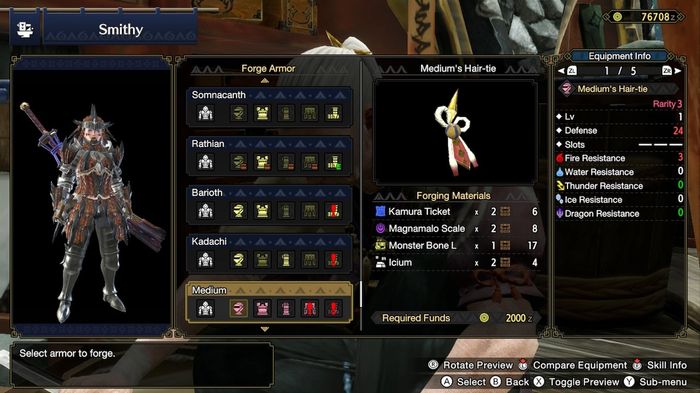 The forge armour menu in Monster Hunter Rise showing the Medium armour