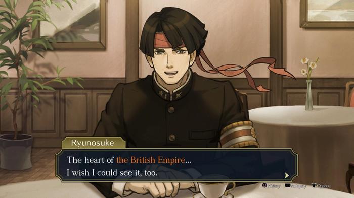 Screenshot from The Great Ace Attorney Chronicles showing dialogue with a bandanna-wearing character wearing black.
