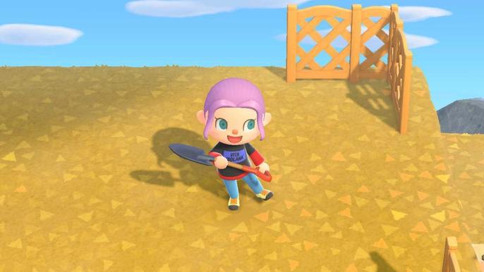 Animal Crossing New Horizons. The Player is holding a Shovel. They are standing on top of a cliff and there is a bit of lattice fencing behind them.