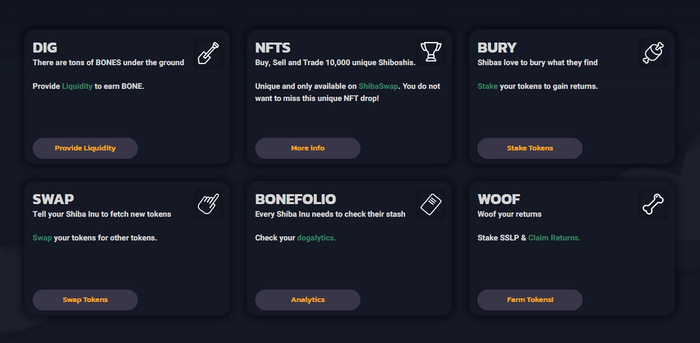 Image of the ShibaSwap homepage, with the Dig, Swap, NFTs, Bury, Bonefolio and Woof tabs.