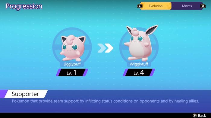 The progression screen showing at what level Pokémon Unite Wigglytuff evolves.