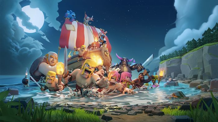 Image of several warriors on a dusky shore in Clash of Clans.