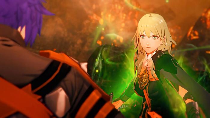 A Fire Emblem Warriors: Three Hopes screenshot in which Byleth stares down the player.