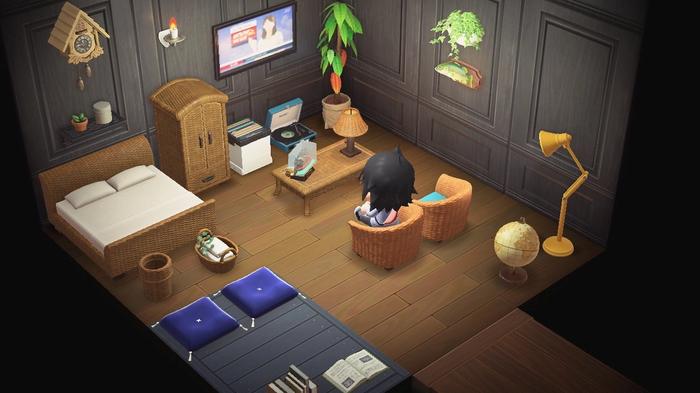 A player in a room of their home featuring matching Rattan furniture  in Animal Crossing: New Horizons.
