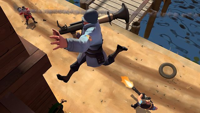 A character jumps over an ongoing gunfight in Team Fortress 2.