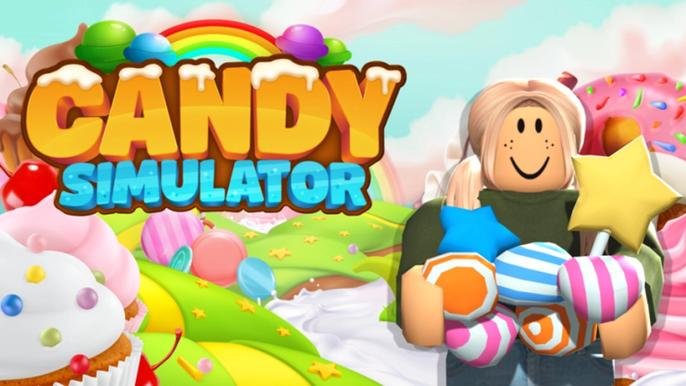 Candy Simulator codes artwork featuring a Roblox character holding a bunch of candy.