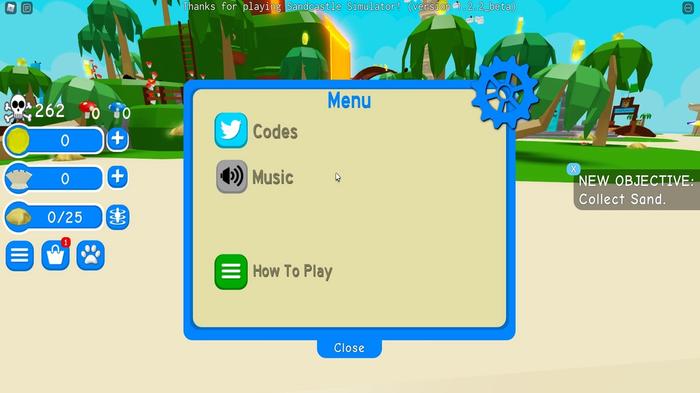 The in-game menu for Sandcastle Simulator with a selectable codes option.