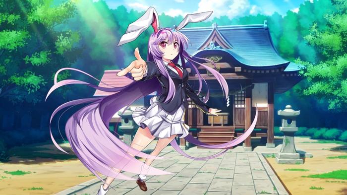A purple haired girl in a school uniform in front of a woodland background