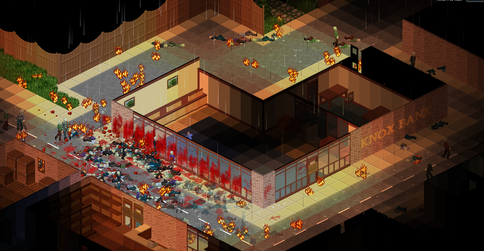 A screenshot from Project Zomboid showing many zombies dead.