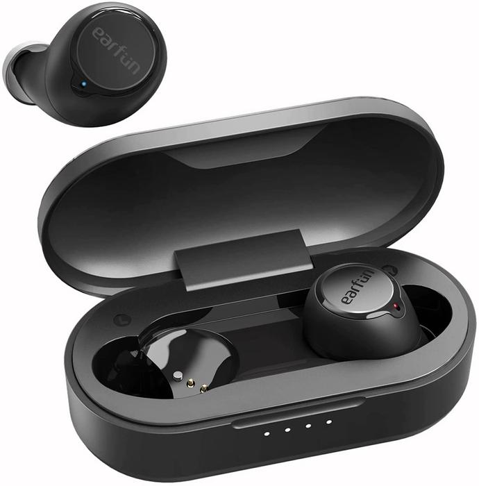 Best budget earbuds, product image of black EarFun earbuds with charging case