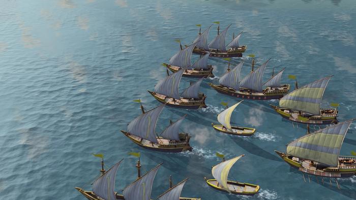 A fleet of ships going to war in Age of Empires 4.