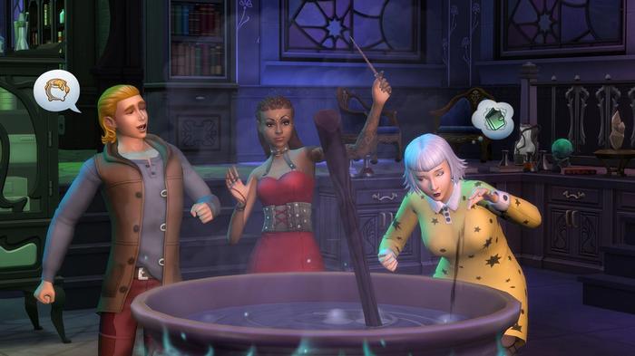 Sims gathered around a cauldron