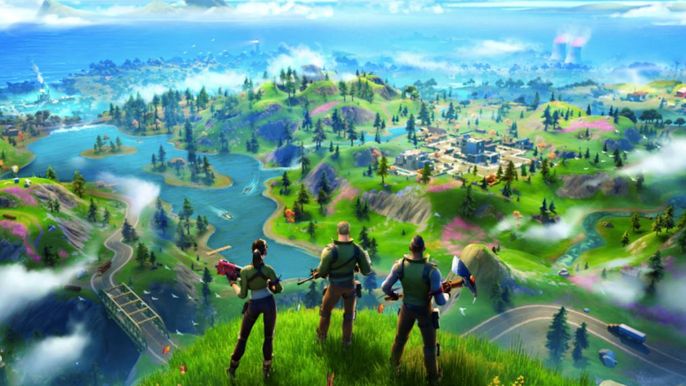 Three people stood looking out across a lovely valley in Fortnite