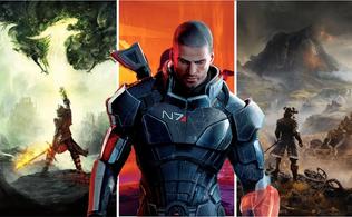 Shepard, the main character of the Mass Effect series, is stood in front of three images. One has a man reaching up to a dragon, one is orange, the third is a man looking out across a valley.