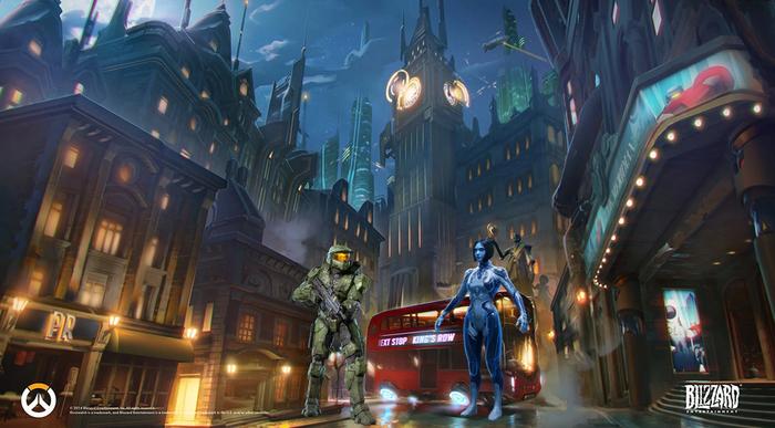 Master Chief and Cortana stand in Overwatch's Kings Row