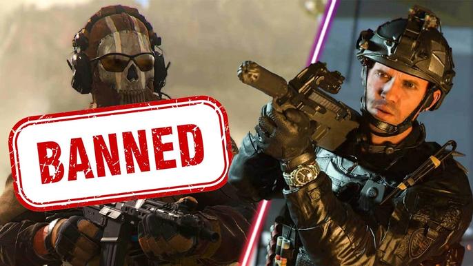 Modern Warfare 2 player holding gun and Ghost with Banned sign 