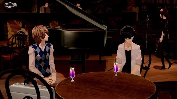 Akechi and Joker sitting in the Jazz Club in Persona 5 Royal