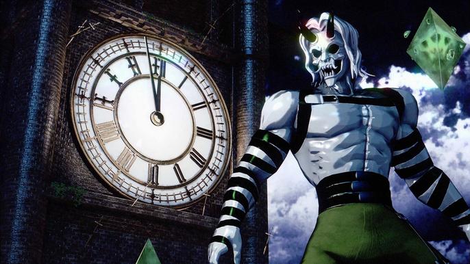 A Neon White character stands in front of a clock about to strike midnight.