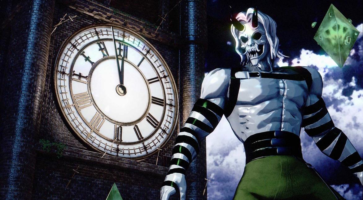 A Neon White character stands in front of a clock about to strike midnight.