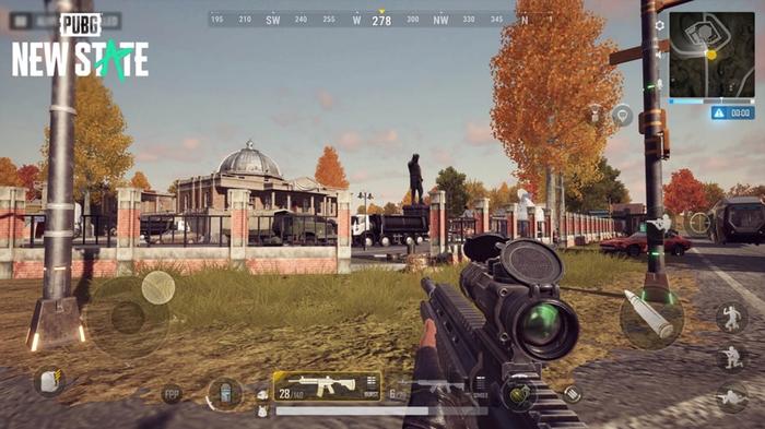Image from PUBG: New State, showing a first-person HUD with a gun aimed across the grassy battlefield