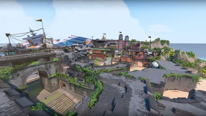 This image is an overhead view from the B Site on Breeze Map in Valorant. It is designed by Riot Games.