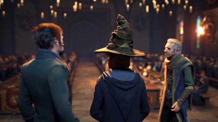 Image of a student wearing the sorting hat in Hogwarts Legacy.