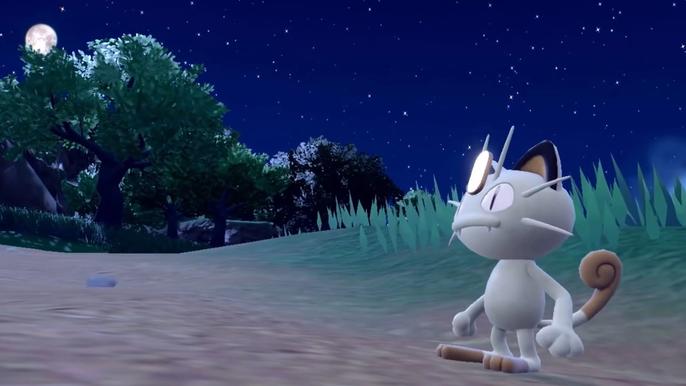 Pokémon Scarlet and Violet Meowth standing on a dirt road at night in announcement trailer