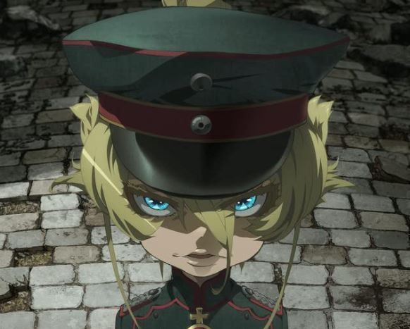 A young girl in a military uniform stares menacingly at the camera.